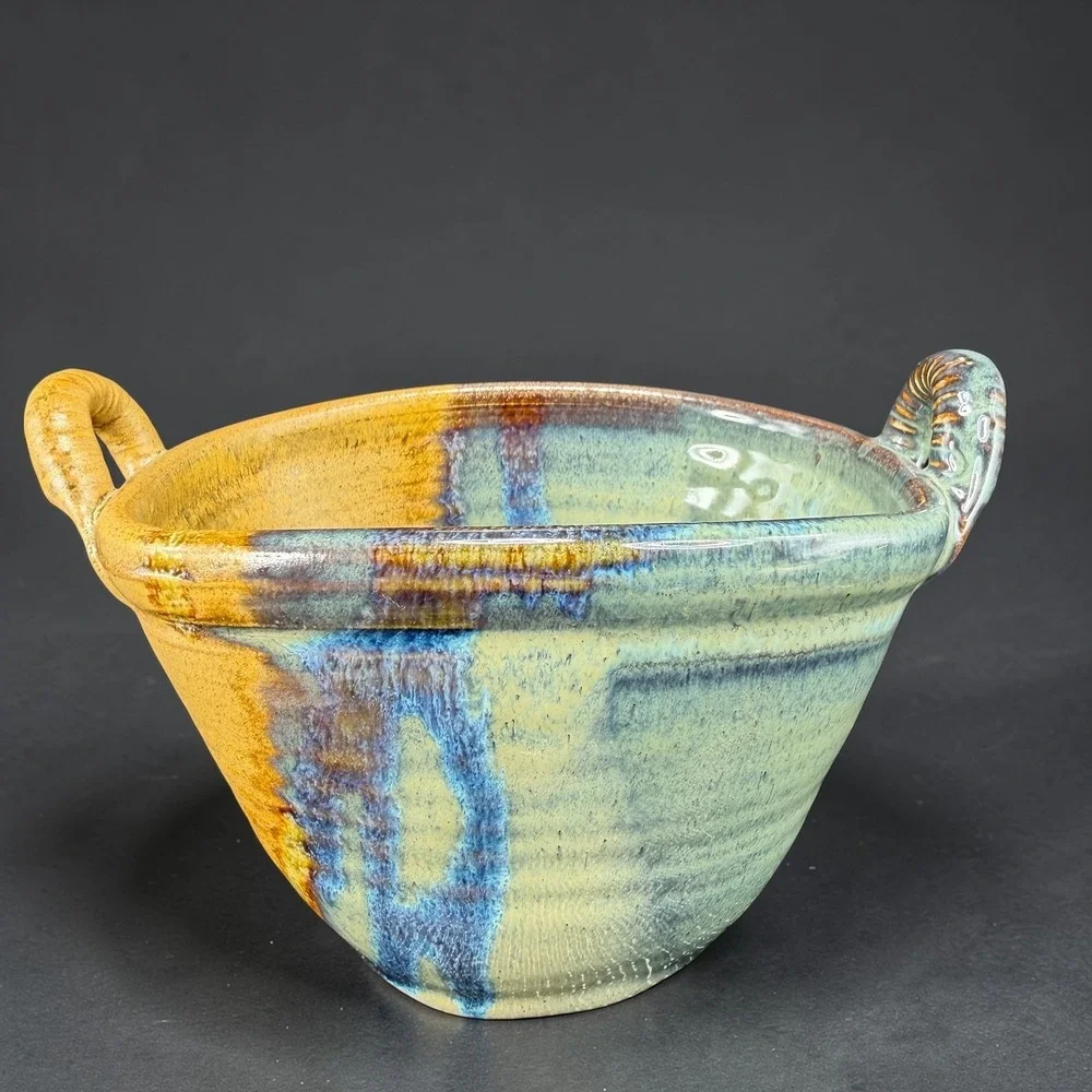Barbara G Childs Studio Pottery Handled Bowl Dish‎ Ochre Drip Glaze Signed